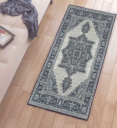 Grey Polyester 24 x 60 Inches Machine Made Floor Runner