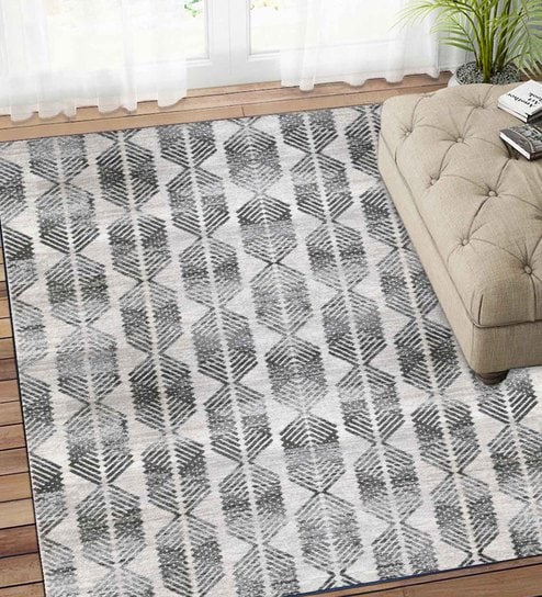 Grey Abstract Polyester 3 ft x 5 ft Machine Made Carpet