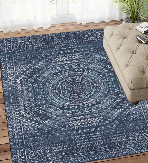 Blue Persian Polyester 4 ft x 6 ft Machine Made Carpet