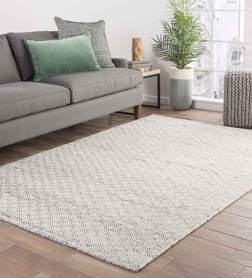 White Wool & Jute Geometrical 5  x 8  Feet Hand Woven Carpet by Jaipur Rugs