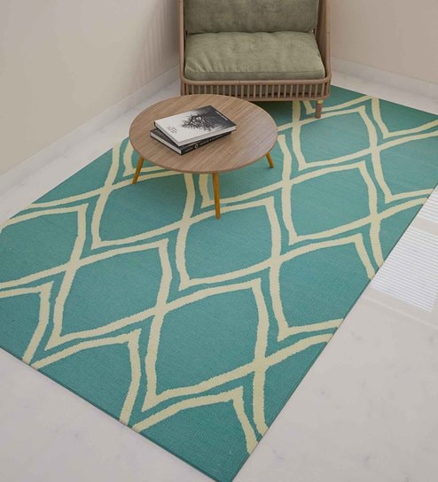 Blue Wool Geometrical 5  x 8  Feet Hand Woven Carpet by Jaipur Rugs