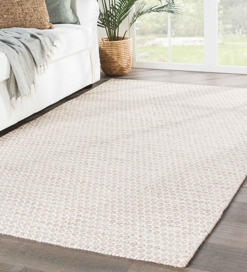 White Wool Geometrical 5  x 8  Feet Hand Woven Carpet by Jaipur Rugs