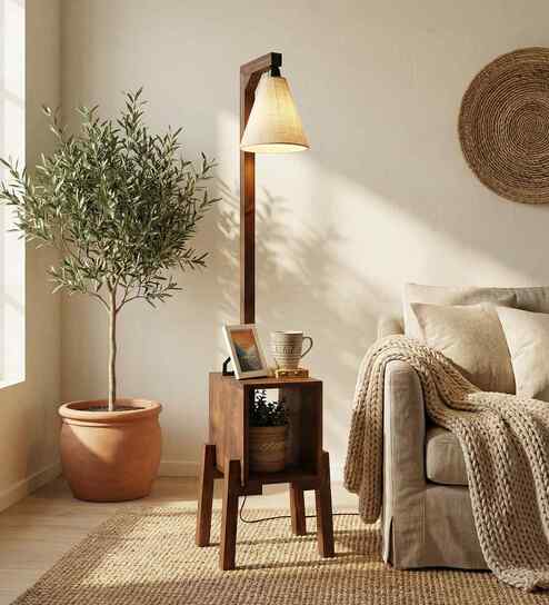 Gerard Wooden Shelf Floor Lamp with Wooden Shade & Brown Base