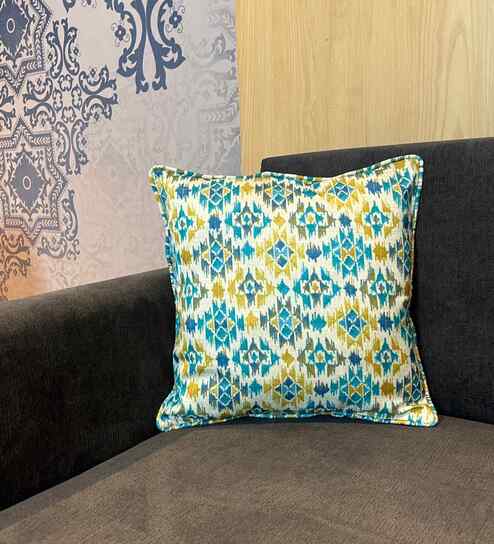 Geringsing Blue Silk Blend Printed 16 x 16 Inches Cushion Cover