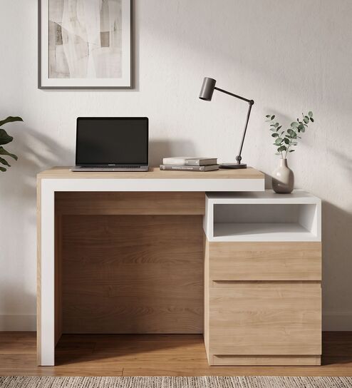 Modern Study Table in Beige and White Finish