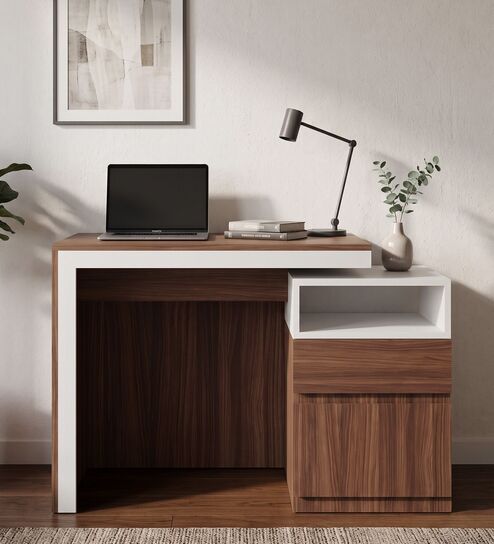 Dual Tone Study Table in Planked Walnut and White Finish