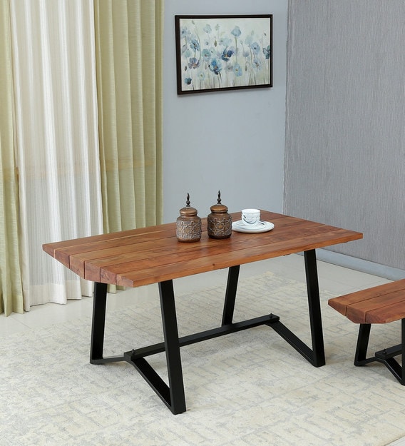 Buy Gemini Solid Wood 6 Seater Dining Table In Natural Acacia Finish 