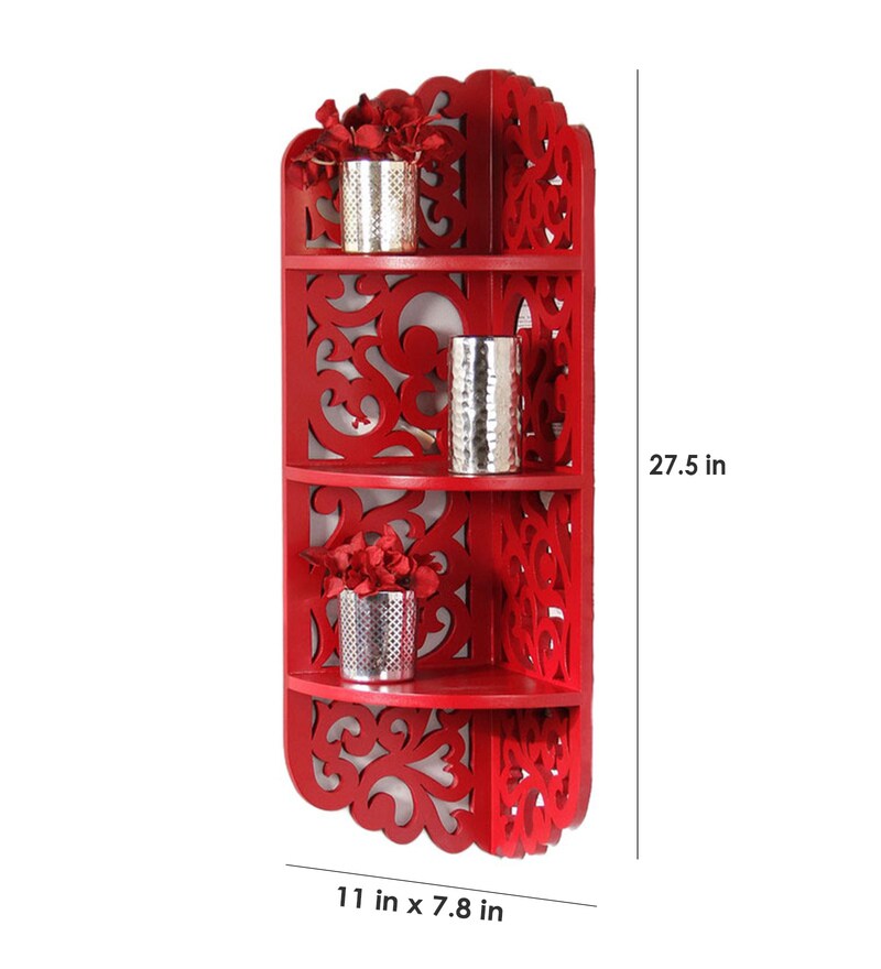 Buy Engineered Wood Carved Corner Wall Shelf in Red Colour by Home