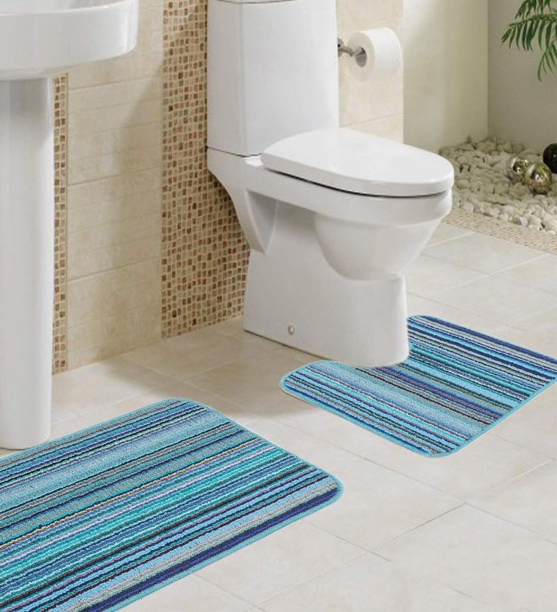 Buy Blue Geometric Microfibre 24x16 Inches Max Absorbant Bath Mats (Set