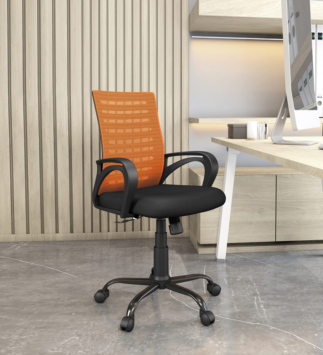 Buy Giza Mid Back Fabric Office Chair In Orange And Black Color By