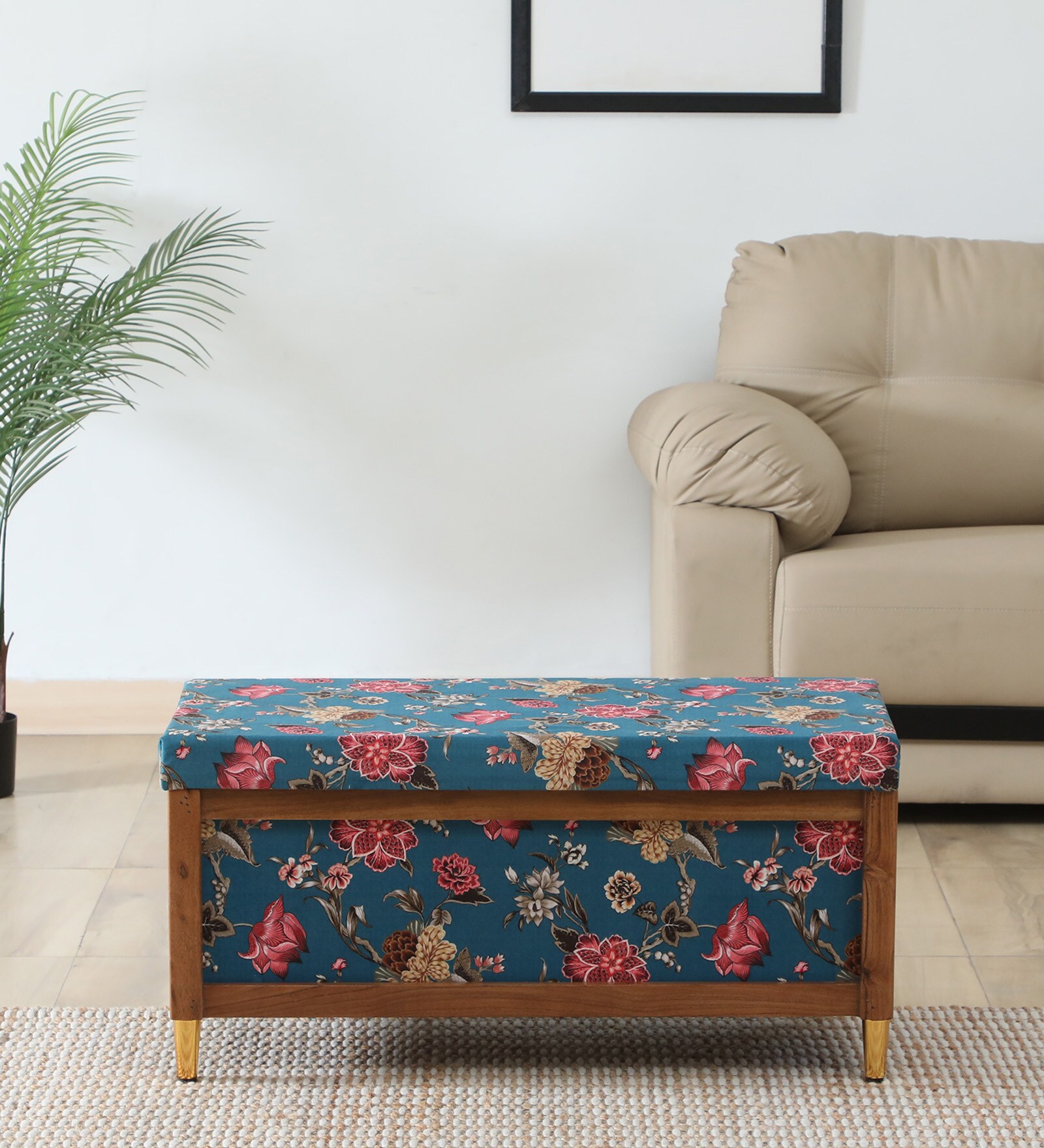 Nihara Fabric Bench In Blue Colour With Storage