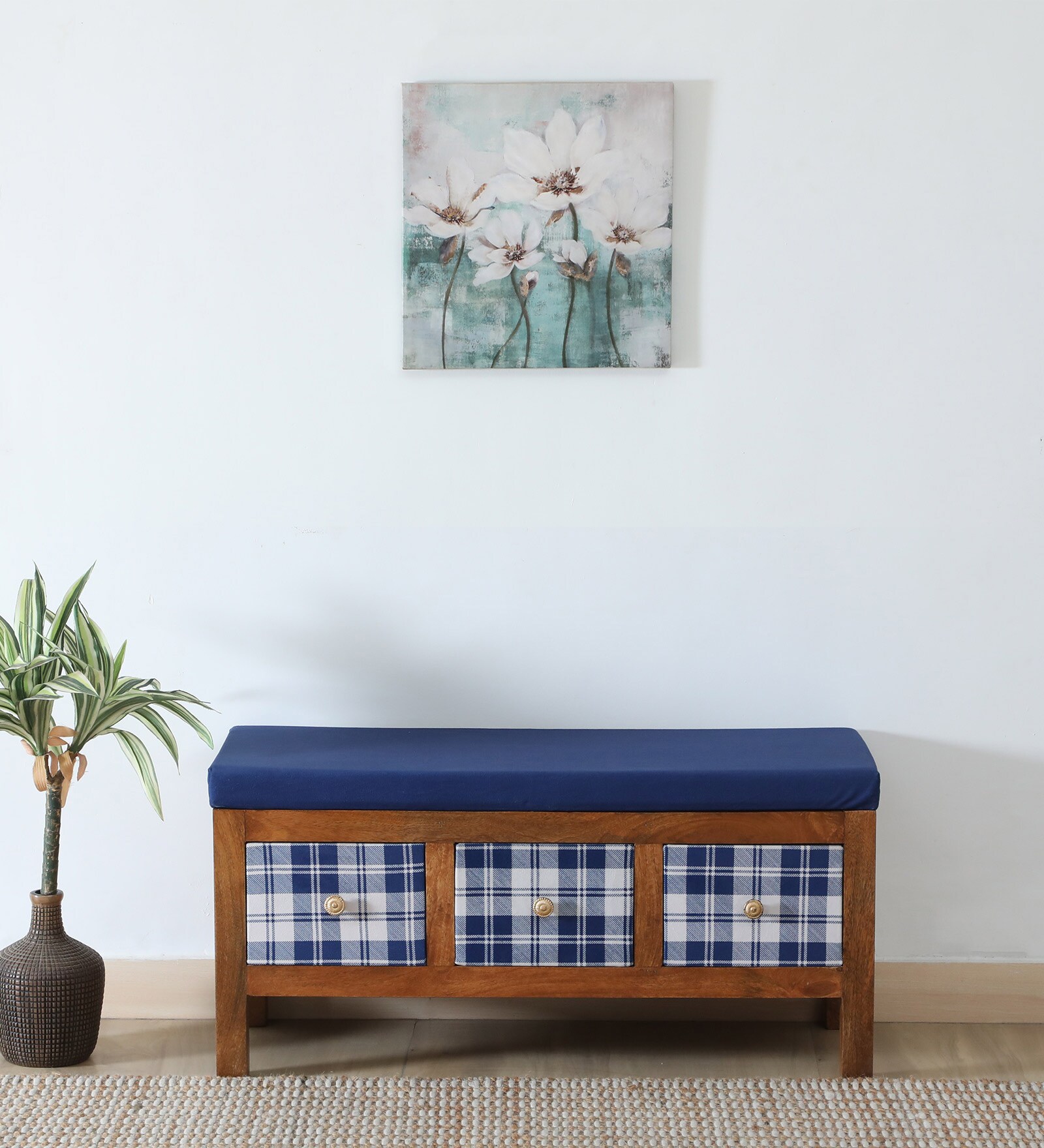 Miko Fabric Bench In Blue Colour With Drawer Storage