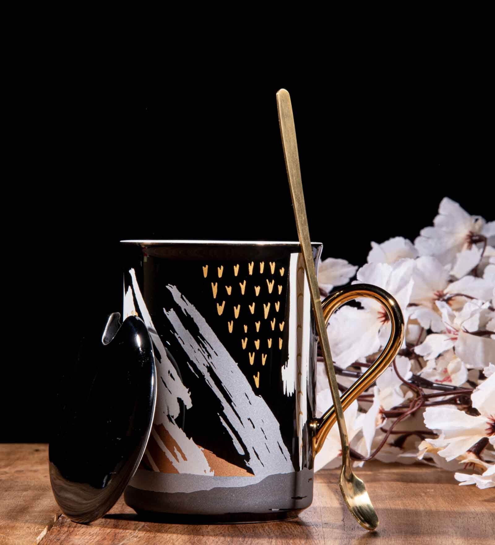 GIBOX Printed Coffee Mug with Lid & Spoon Black Large Ceramic Mug with Stirrer for Tea Coffee Lover 400ml Aesthetic
