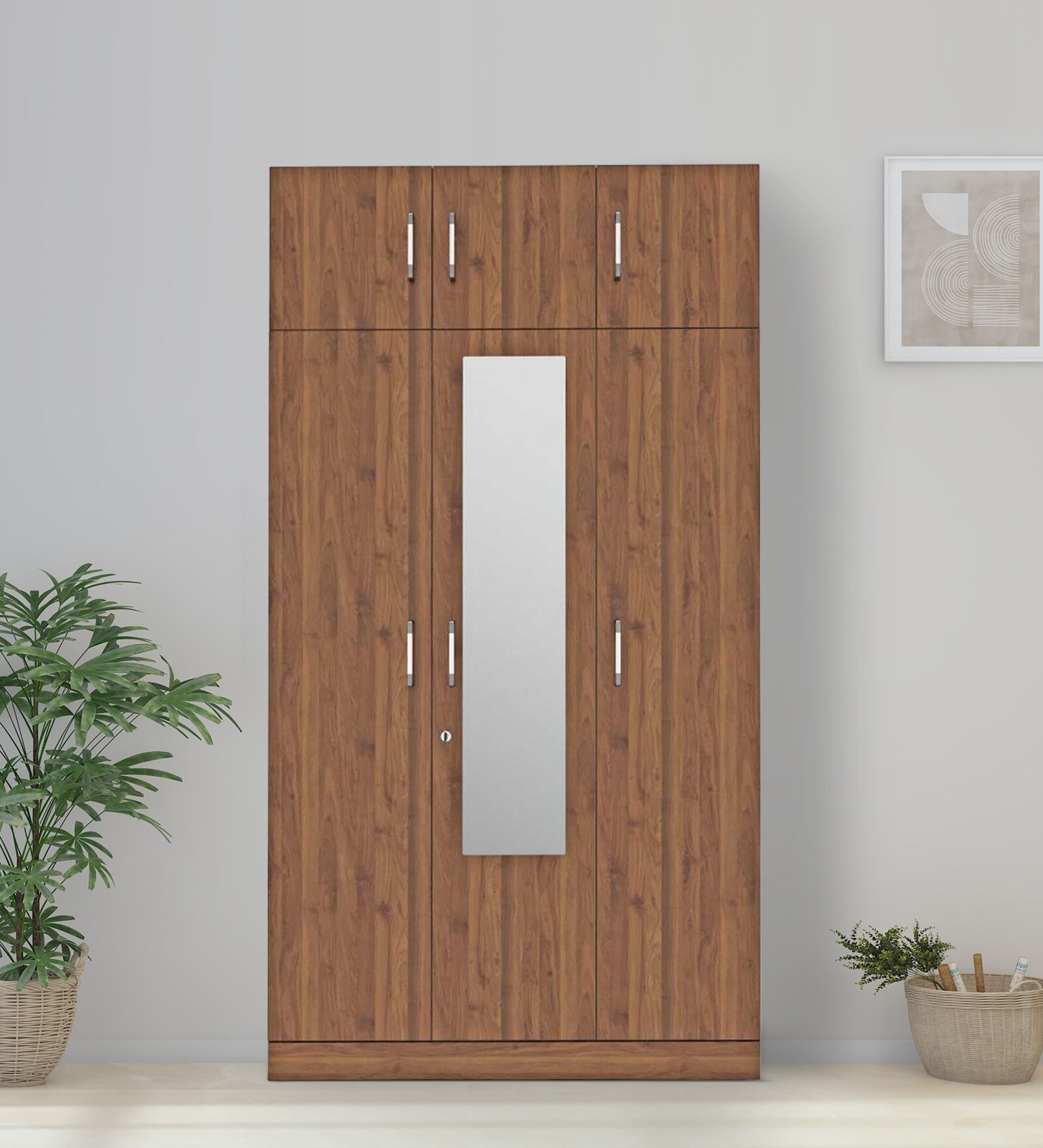 Gingham 3 Door Wardrobe In Columbian Walnut Finish with Mirror
