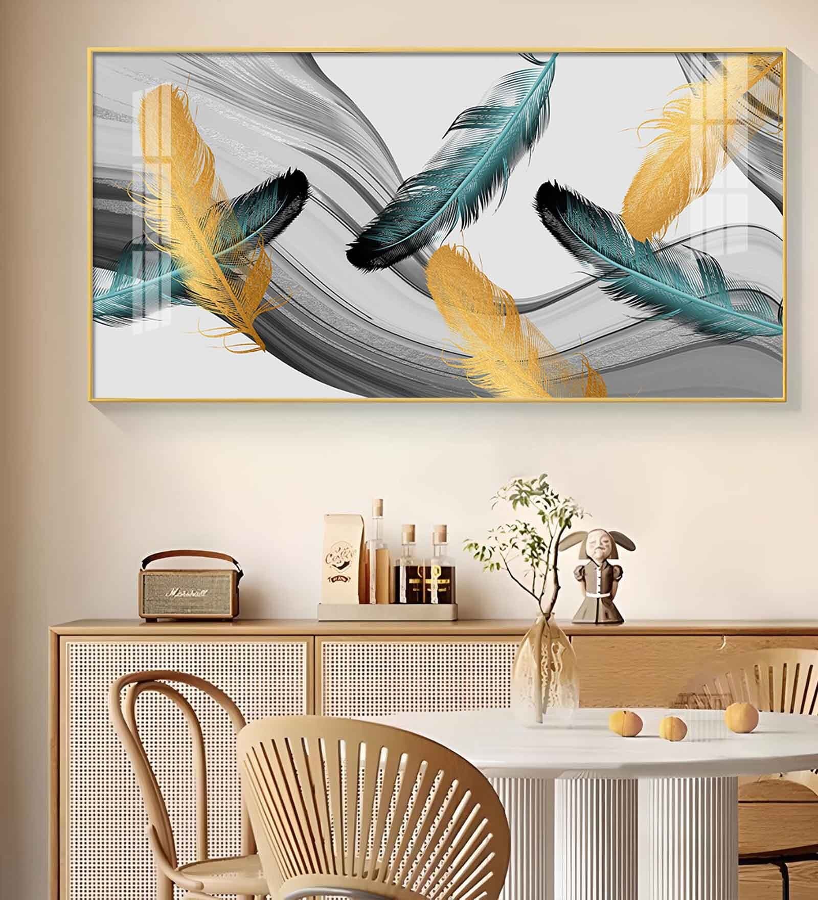 Ginkgo Leaf And Feather Glass Finish Horizontal Wall Art