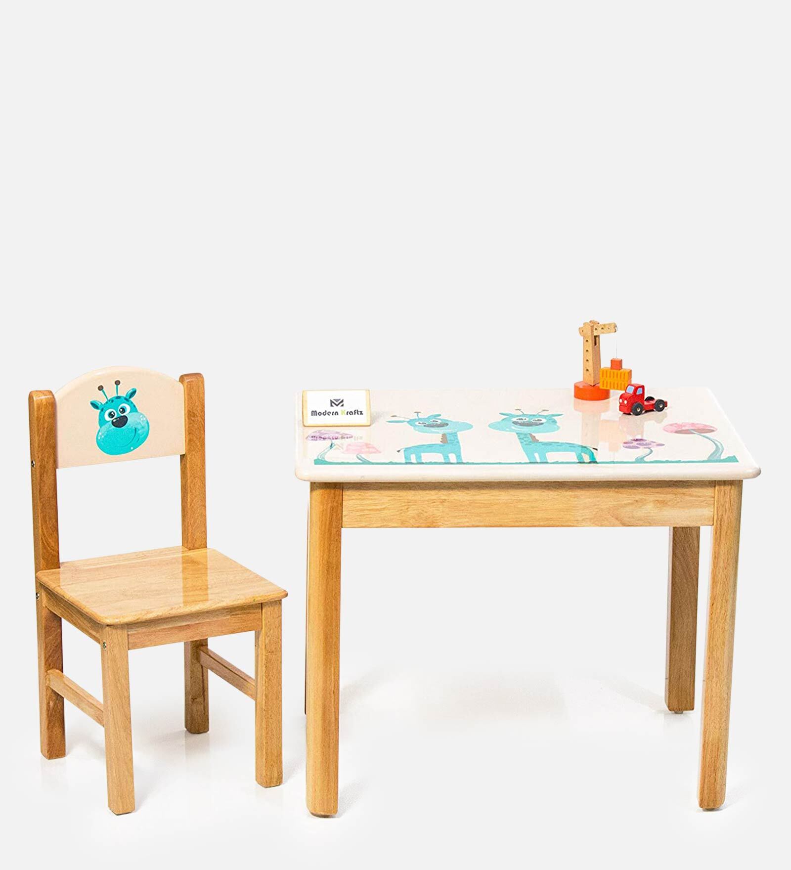 Giraffe & Colorful Mushrooms Solid Wood Kids Activity Table in Brown Colour with Chair