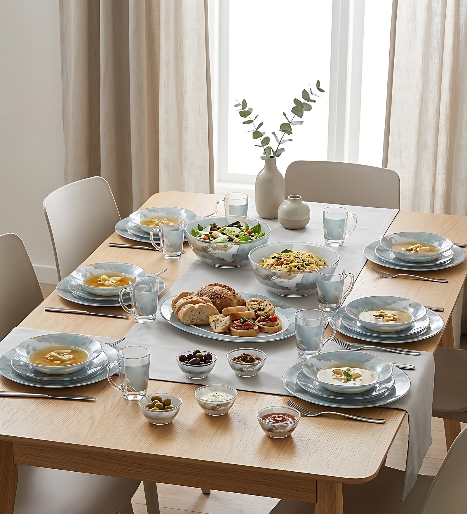 Gismon Blue & Grey Glass Dinner Set (Pack of 33)