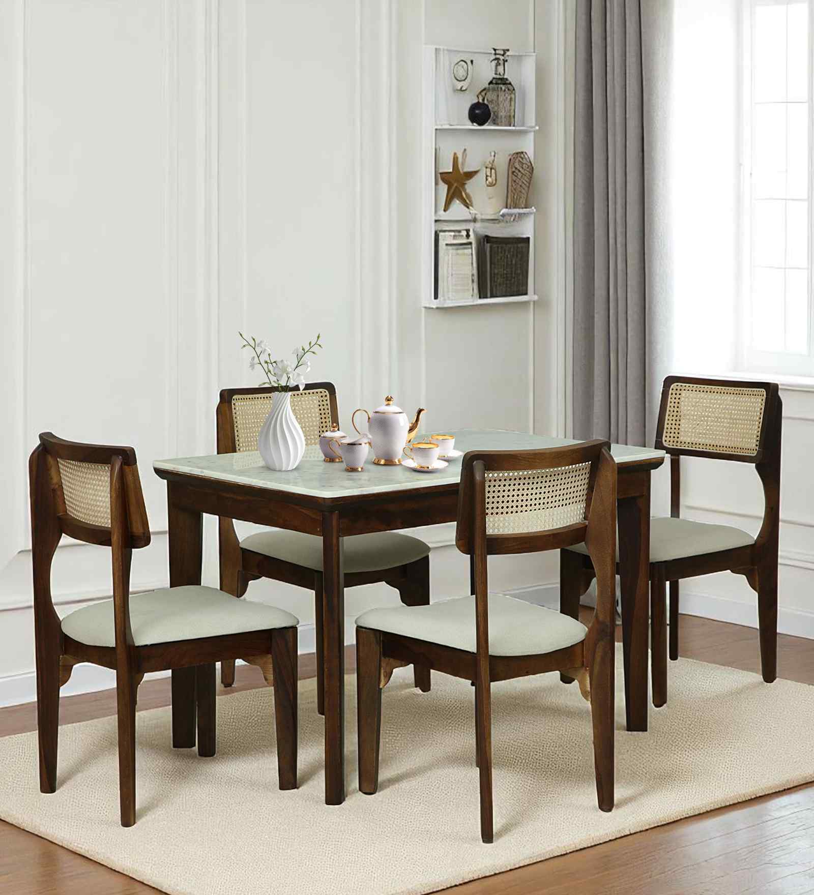 Gistel Sheesham Wood 4 Seater Dining Set With Marble Top In Scratch Resistant Provincial Teak Finish