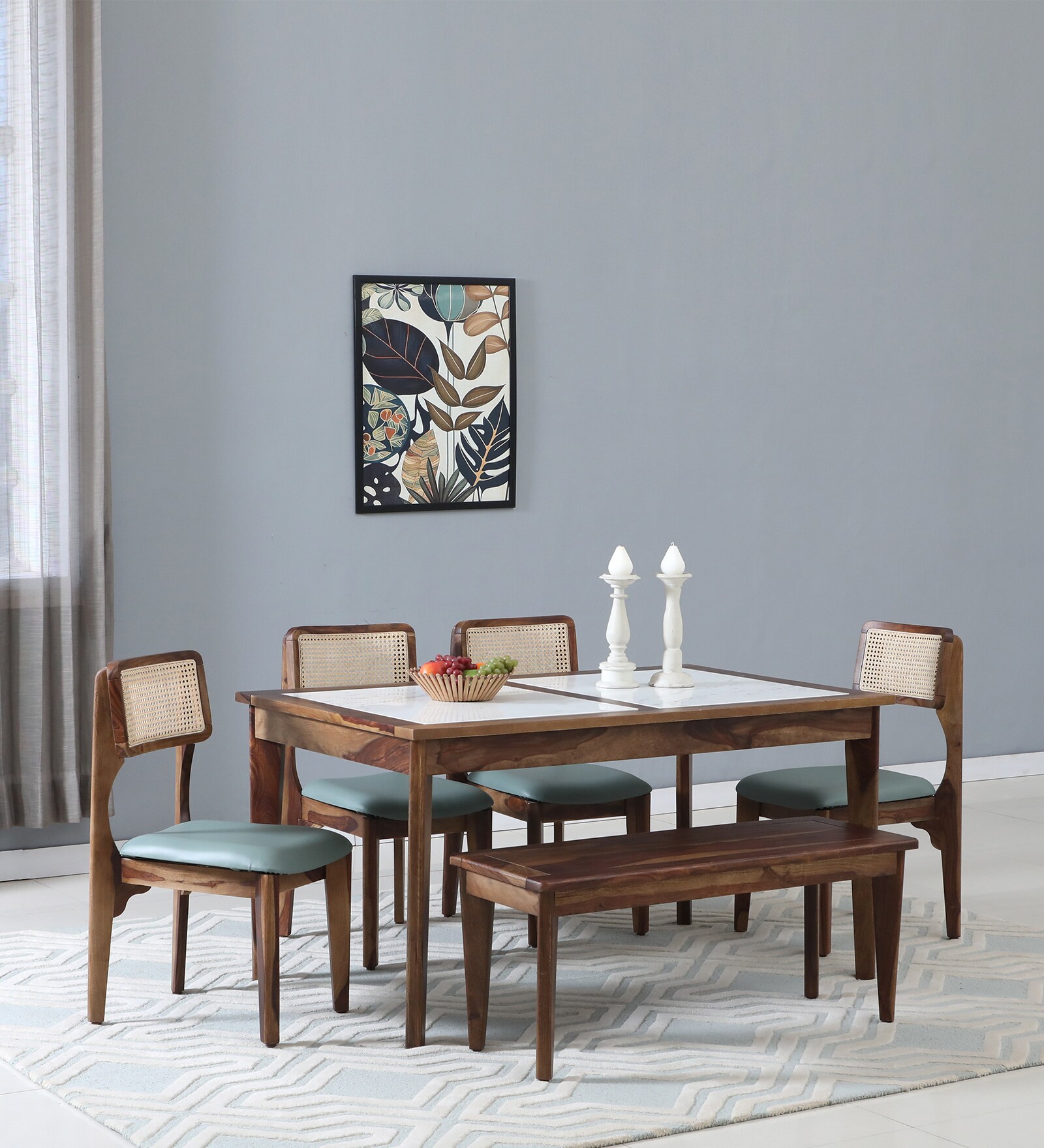 Gistel Sheesham Wood 6 Seater Dining Set In Scratch Resistant Provincial Teak Finish With Bench