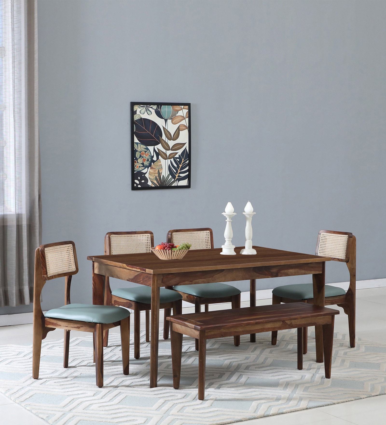 Gistel Sheesham Wood 6 Seater Dining Set In Scratch Resistant Provincial Teak Finish With Bench