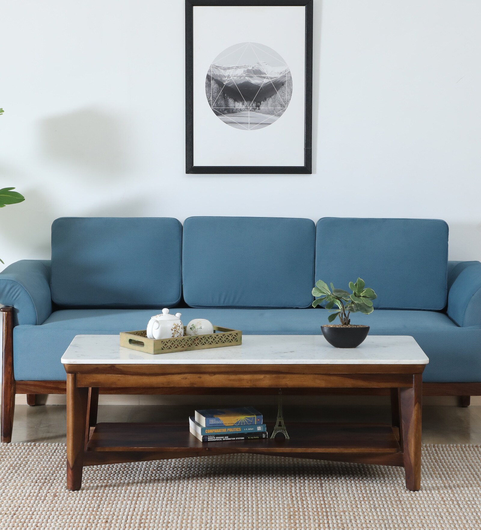 Gistel Sheesham Wood Coffe Table In Scratch Resistant Provincial Teak Finish With Marble Top And Shelf