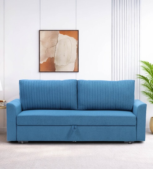 Gia Chenille Fabric Sofa Cum Bed in Sea Blue Colour With Storage