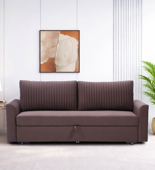 Gia Velvet Fabric Sofa Cum Bed in Brown Colour With Storage