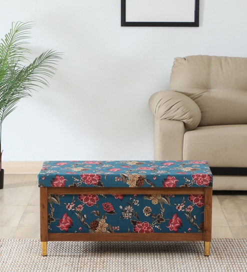 Nihara Fabric Bench In Blue Colour With Storage