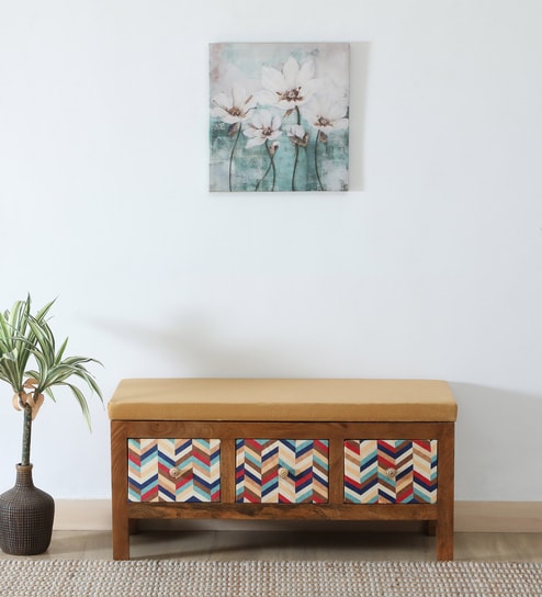 Miko Fabric Bench In Yellow Colour With Drawer Storage