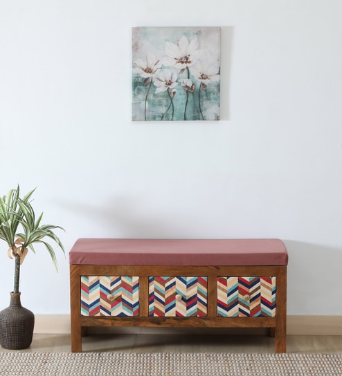 Miko Fabric Bench In Pink Colour With Drawer Storage