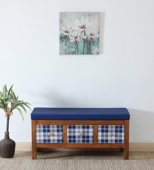 Miko Fabric Bench In Blue Colour With Drawer Storage