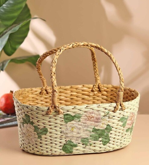 Gift Hamper Basket | Bamboo Basket | Rattan Basket | Decorative Fruit Baskets | Seagrass Gift Basket - Oval, Multicolor (L:40.5 x W:13.5 x H:15 cm)
