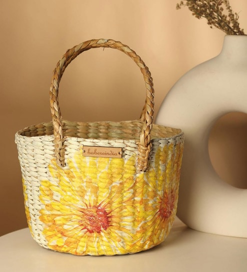 (1Pc) Yellow Straw Round Storage Basket & Gift Hamper