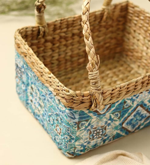 Gift hamper baskets | decorative storage baskets | clothes storage baskets | Seagrass Fruit baskets - Rectangular, Blue (Decoupage 03_10*8 * 5 Inches)