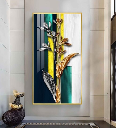 Gilded Floral Glass Finish Vertical Wall Art