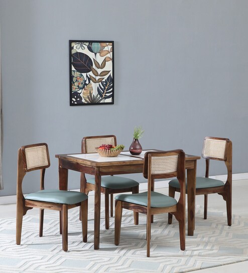 Gistel Sheesham Wood 4 Seater Dining Set In Scratch Resistant Provincial Teak Finish With Marble Top
