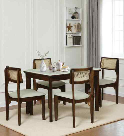 Gistel Sheesham Wood 4 Seater Dining Set With Marble Top In Scratch Resistant Provincial Teak Finish