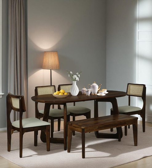 Gistel Sheesham Wood 6 Seater Dining Set With Bench In Scratch Resistant Provincial Teak Finish