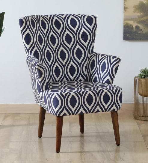 Mantra Fabric Wing Chair In White & Blue Colour
