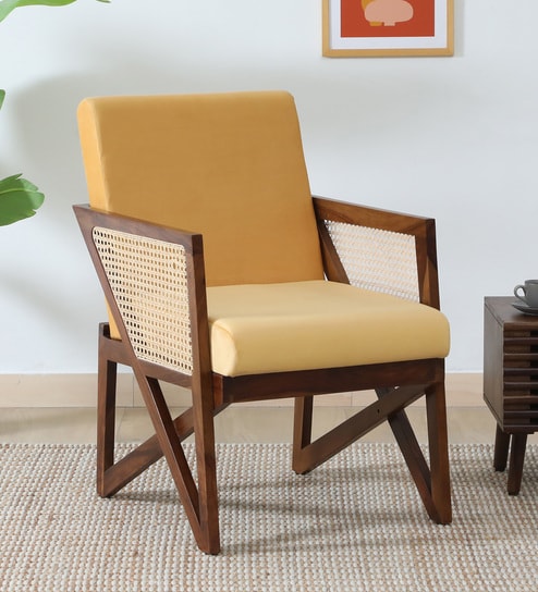 Dusk Suede Velvet Fabric Arm Chair In Yellow Colour