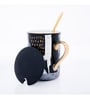 GIBOX Printed Coffee Mug with Lid & Spoon Black Large Ceramic Mug with Stirrer for Tea Coffee Lover 400ml Aesthetic