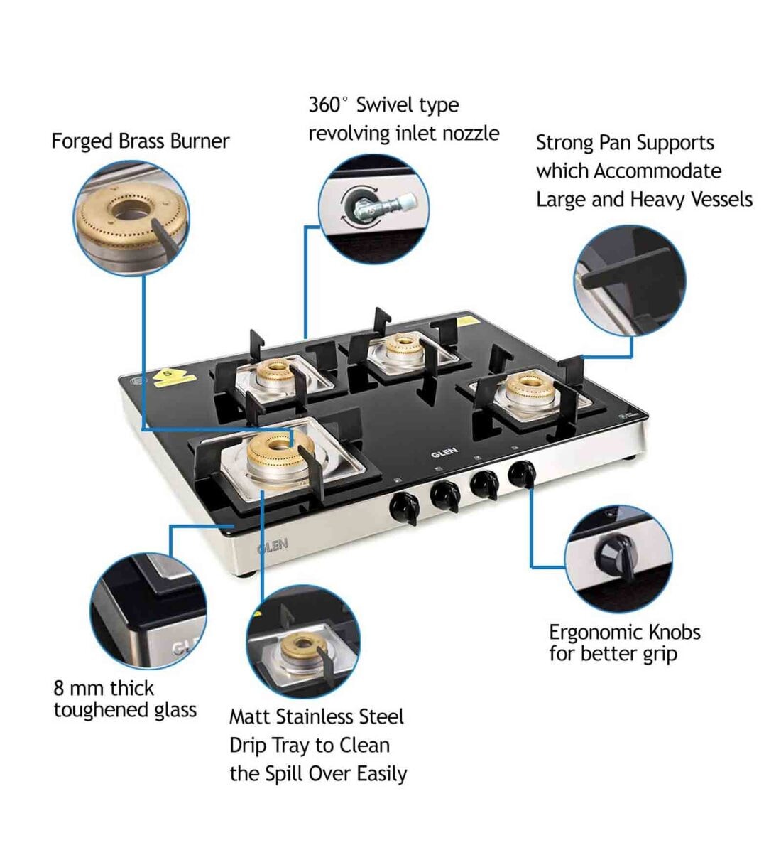 Buy Glen 4 Burner Glass Cooktop 1048 SQ GT with Brass Burners
