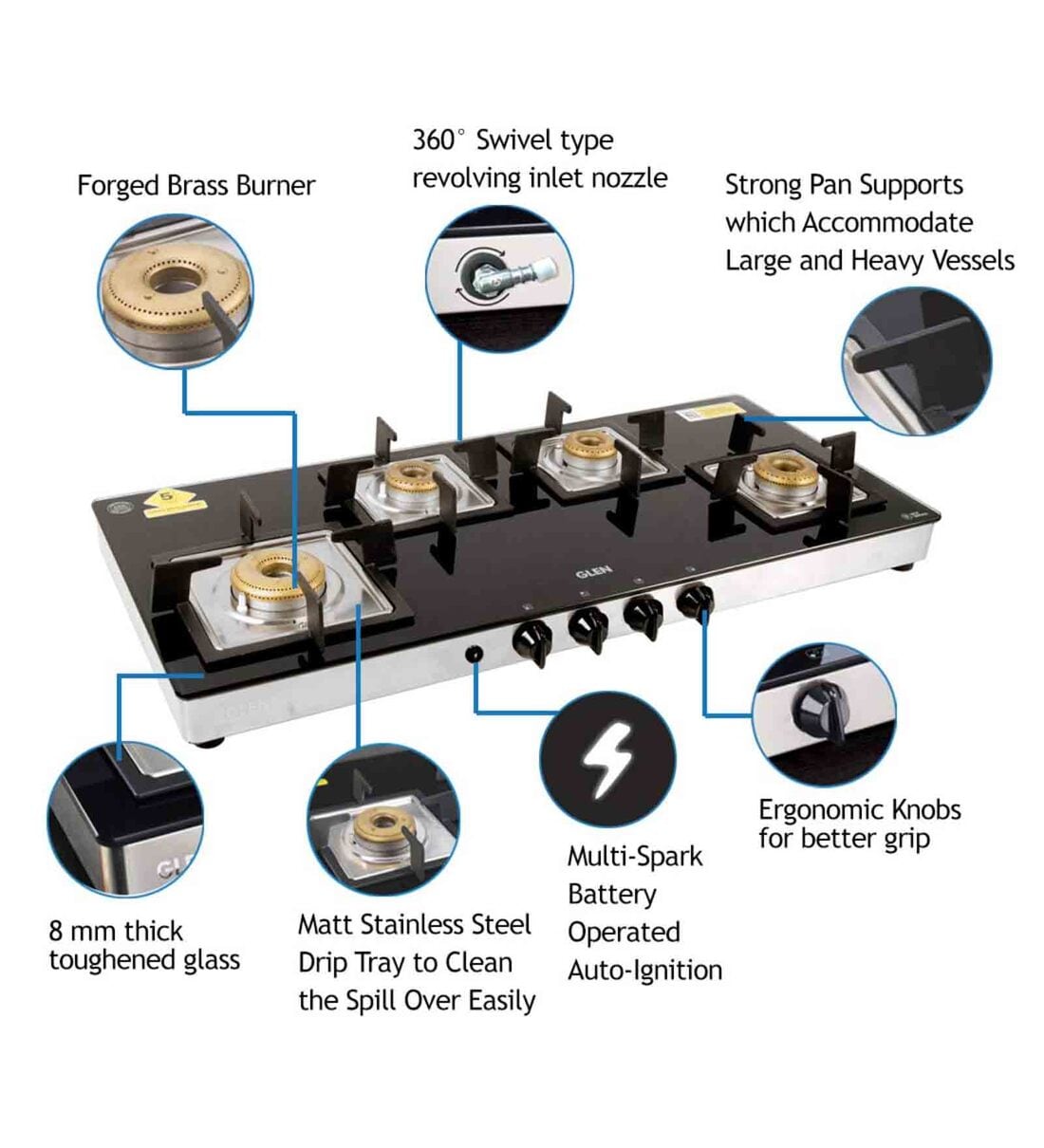 Buy Glen 4 Burner Glass Cooktop 1049 SQ GT with Brass Burners