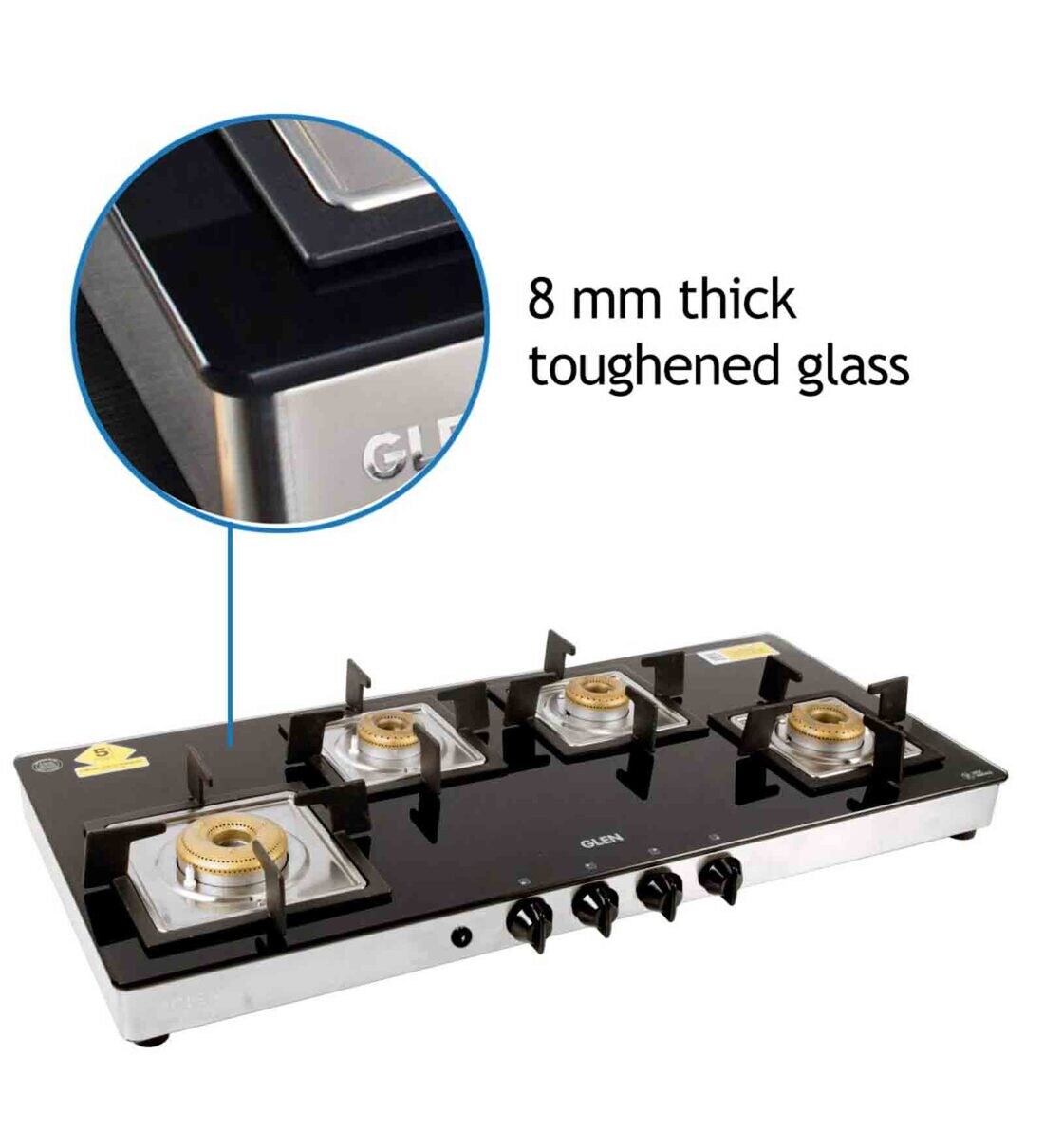 Buy Glen 4 Burner Glass Cooktop 1049 SQ GT with Brass Burners