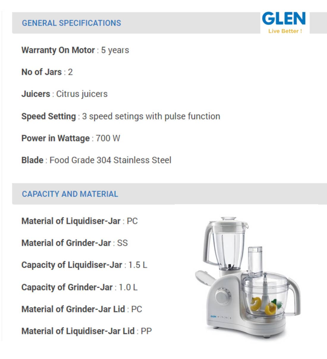 Buy Glen 2 Jars 700 Watts Food Processor (Model NoSA4052LXFP) Online