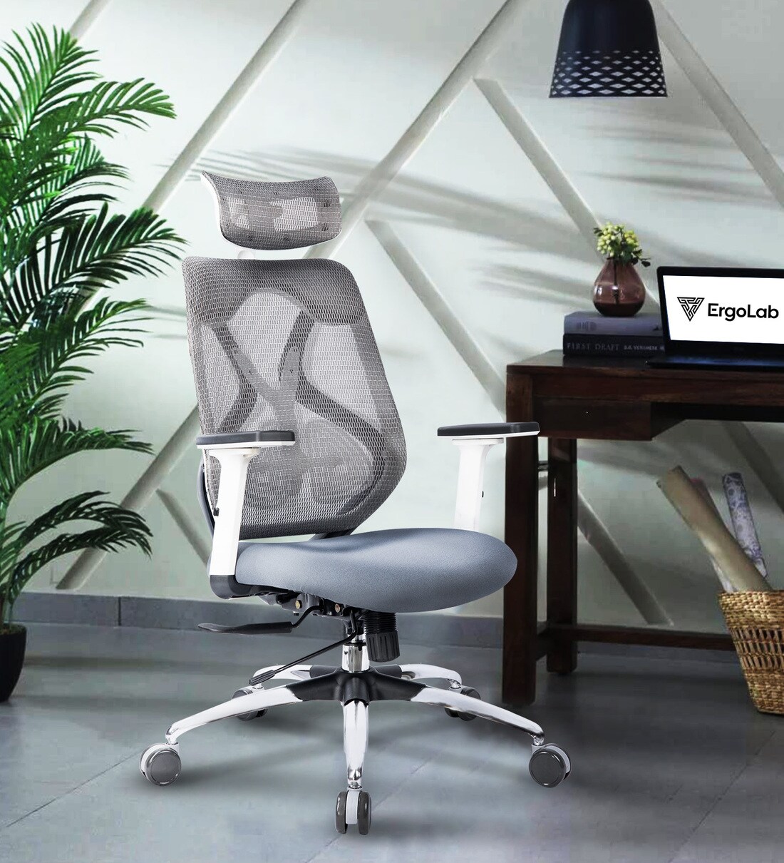 Buy Glider Breathable Mesh Ergonomic Chair In Grey Colour With Headrest 