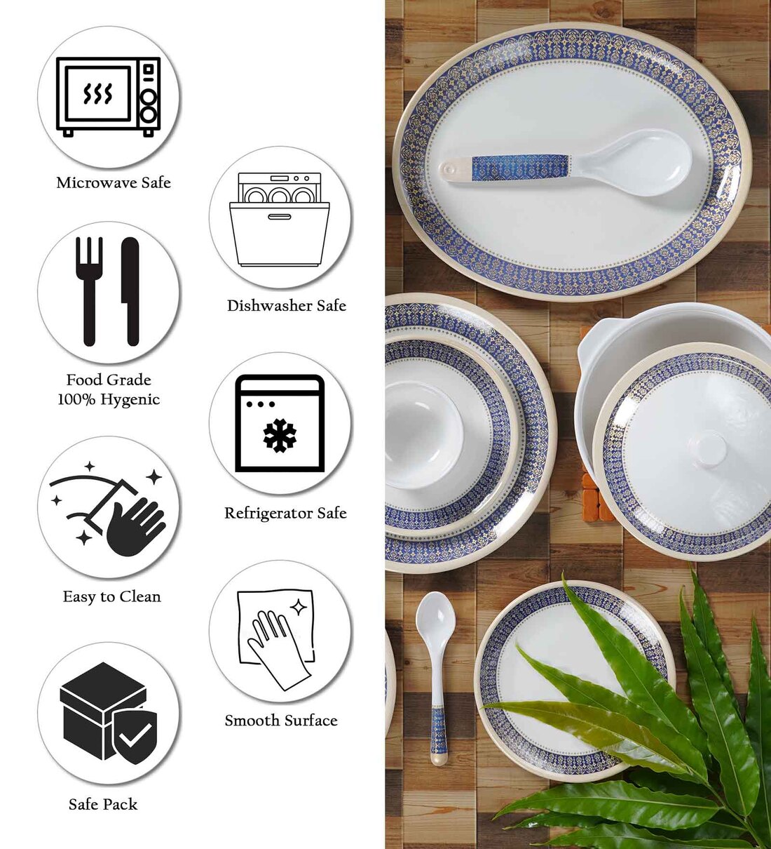 Buy Glossy Blue Ethnic Motifs Melamine 40 Pcs Dinner Sets at 59