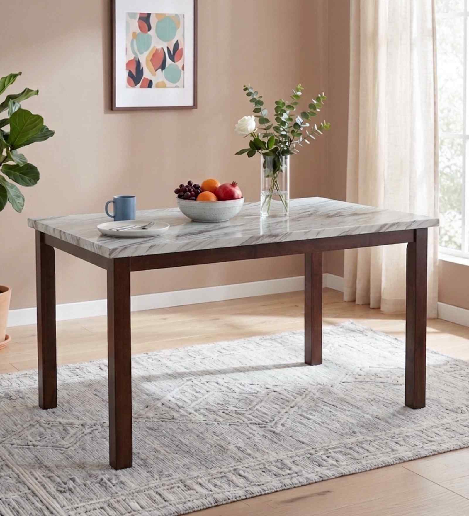 Glacia 4 Seater Solid Rubber Wood Dining Table With Marble Finish