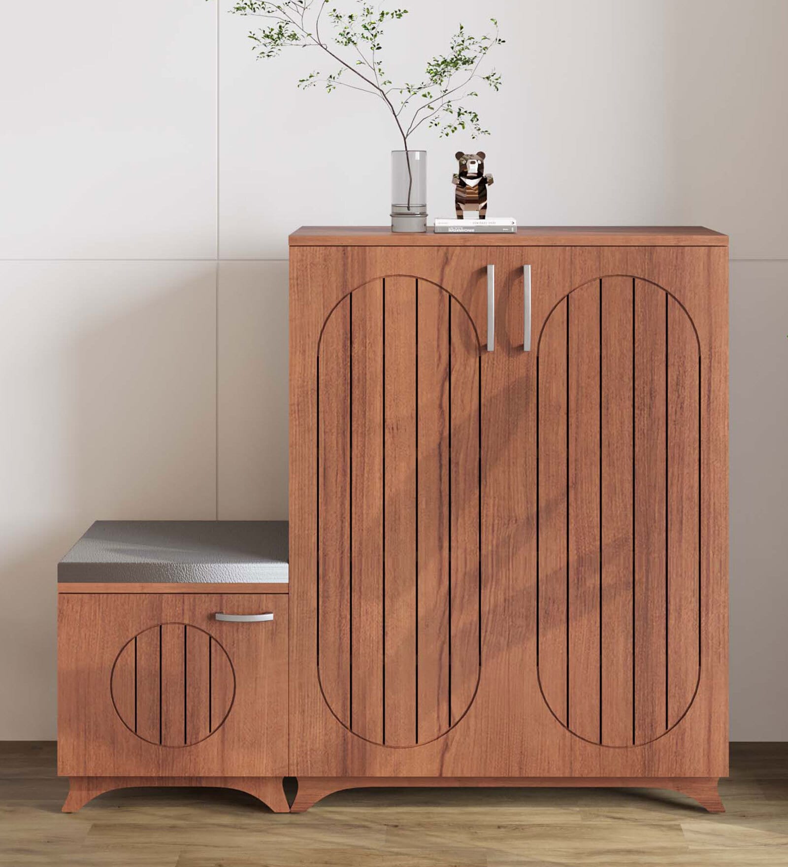 Gladiolus 23- Pairs 3 Door Shoe Racks In Walnut Colour With Seating