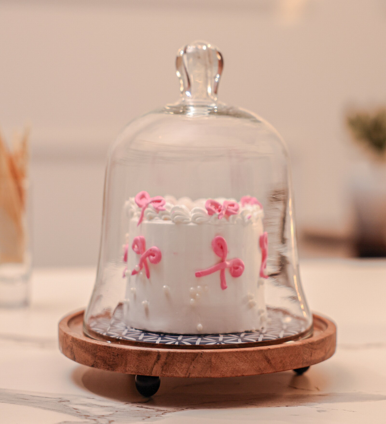 Glass Cloche with Brown Acacia Wood Base